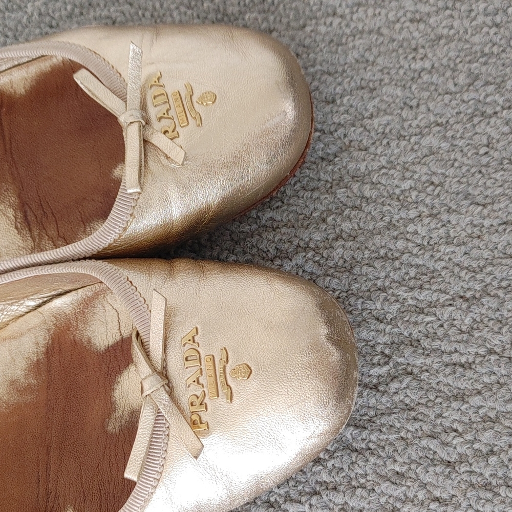 Prada Metallic Gold Leather Ballet Flats with Logo - Picture 5 of 15